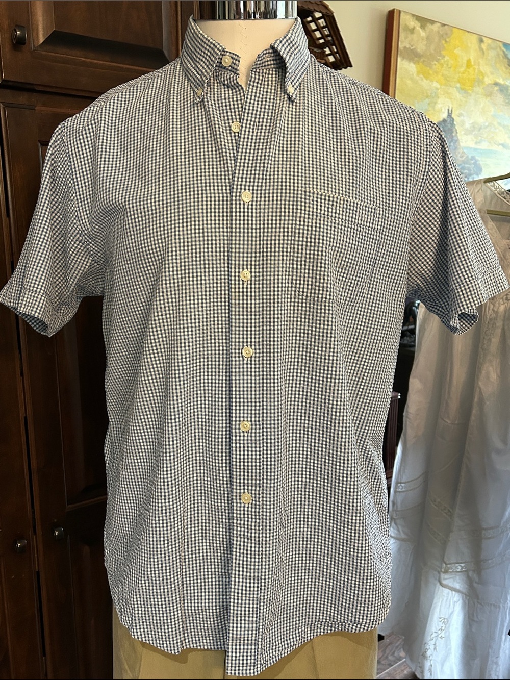 Brooks Bros 346 Sz L Men's Short-Sleeve Button-Down Check Shirt - Blue/White